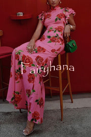 Cheongsam Style Rose Floral Print Tiered Flare Sleeve Stretch Maxi Dress