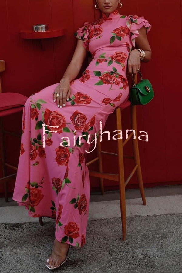 Cheongsam Style Rose Floral Print Tiered Flare Sleeve Stretch Maxi Dress