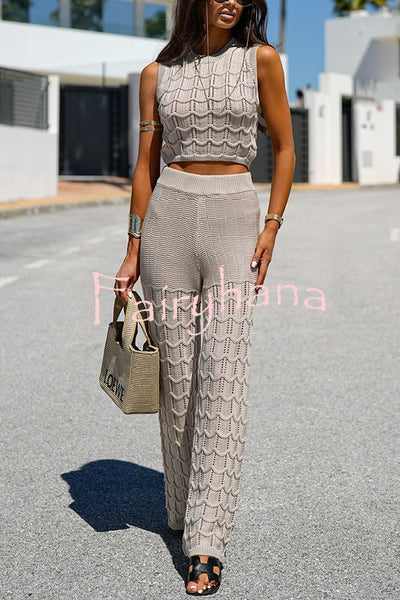 Solid Color Hollow Sleeveless Round Neck Knitted Vest and Stretch Casual Straight Pants Set