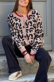 Leopard Print Crew Neck Long-sleeved Loose Knit Cardigan