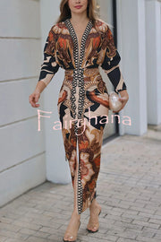 Verra Unique Print Dolman Long Sleeve Ruched Slit Midi Dress