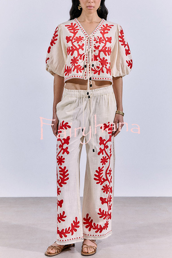 Till Sunset Linen Blend Unique Print Lace-up Puff Sleeve Shirt