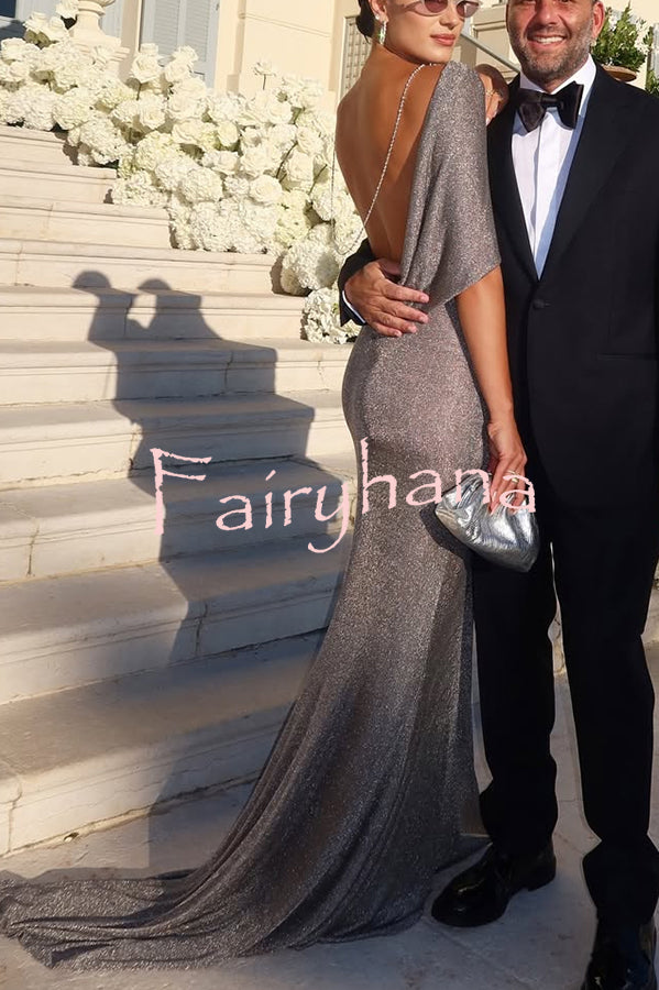 Fit and Elegance Fine Shimmering Fabric Open Cowl Back Draped Neckline Maxi Dress