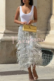 Evening Charm Layered Sequined Tassels High Rise Back Zipper Slit Midi Skirt