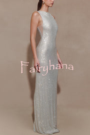 Holiday Nights Sequin Boat Neck Sleeveless Slit Maxi Dress