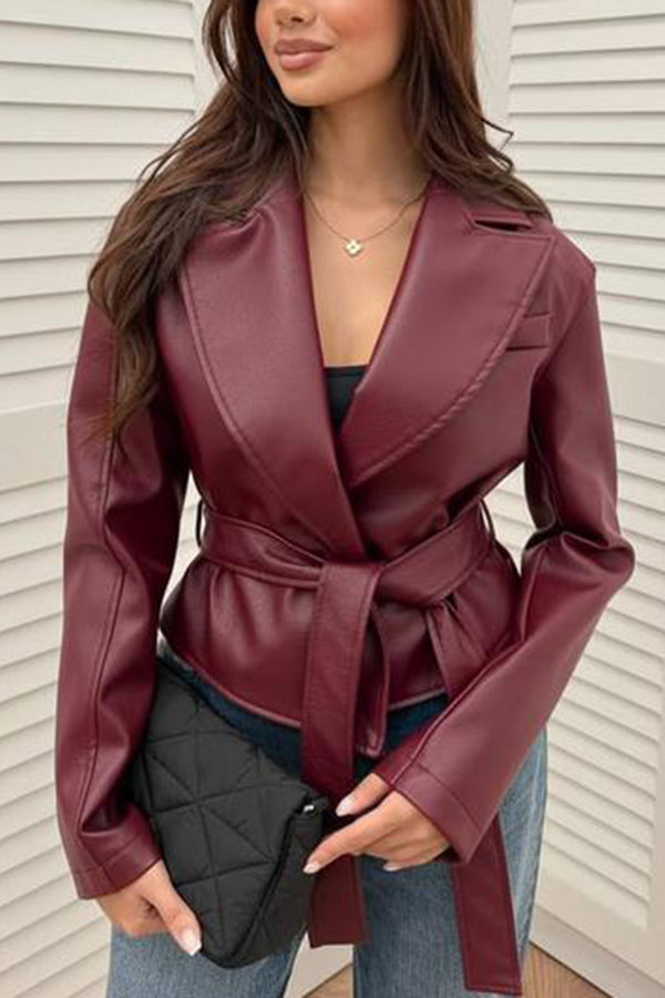 Solid Color Lapel Long Sleeve Waist Tie Loose Leather Jacket