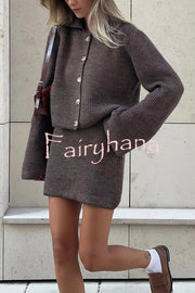 Fashion Lapel Bell Sleeve Knitted Cardigan and Casual Mini Skirt Set