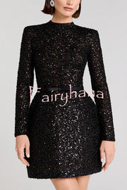 Edie Sequin High Neck Long Sleeve Satin Bow Belted Tulip Mini Dress