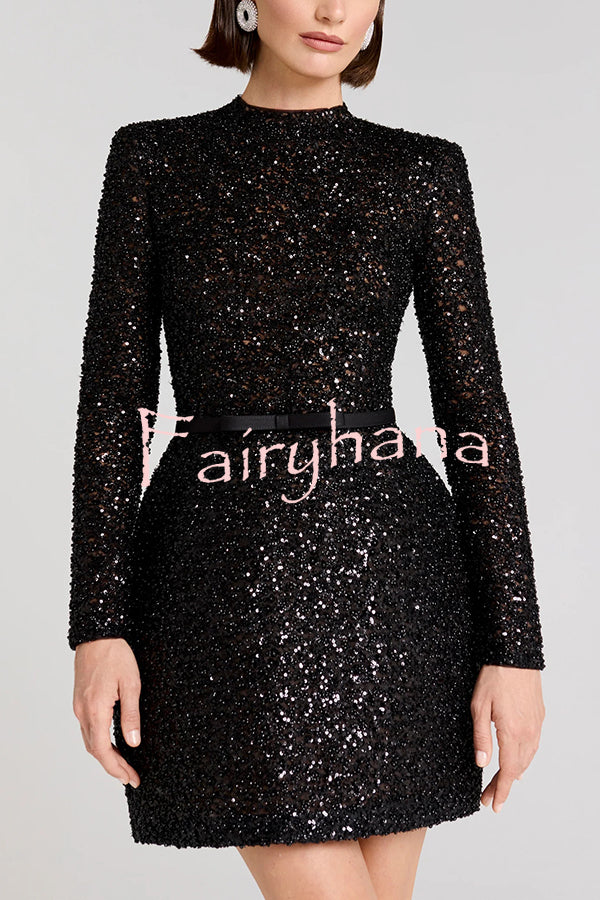 Edie Sequin High Neck Long Sleeve Satin Bow Belted Tulip Mini Dress