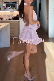Ballerina Chic High Cowl Neck Pleated Wavy Ruffles Hem Backless Mini Dress