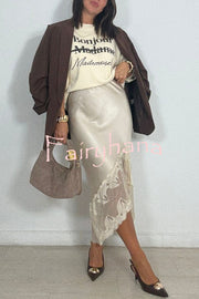 Rolen Satin Lace Patchwork Elastic Waist Irregular Hem Midi Skirt