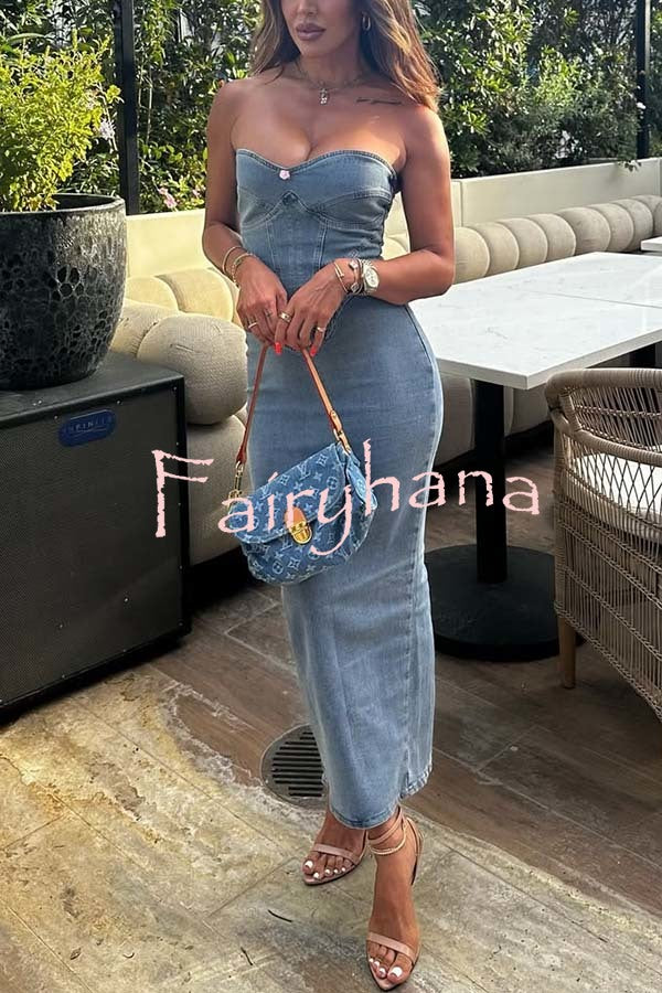 Cutie Denim Rosette Detail Corset Off Shoulder Stretch Maxi Dress