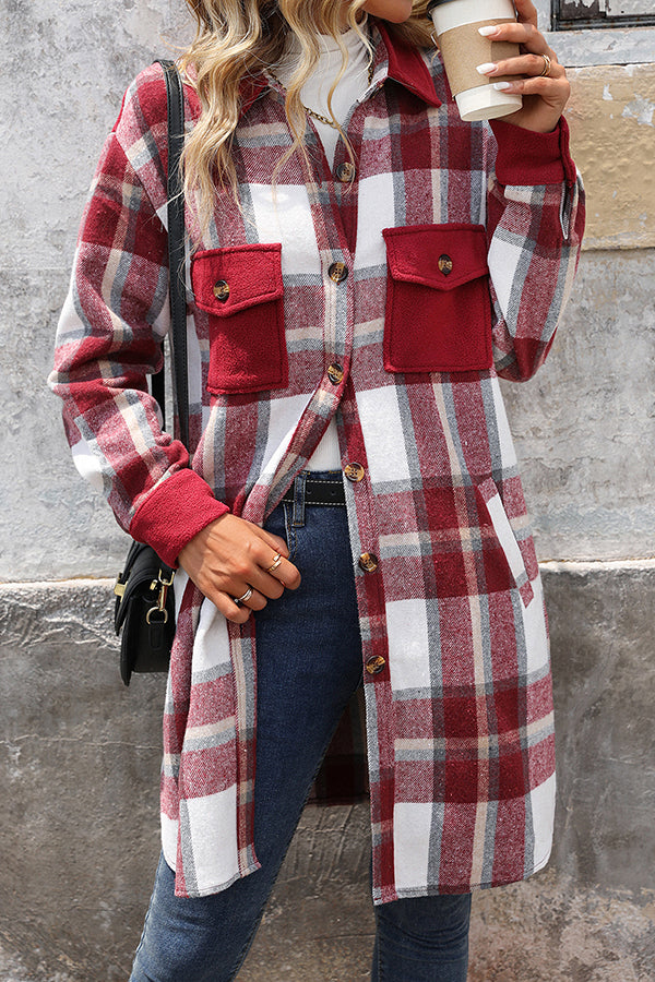 Retro Plaid Casual Long-sleeved Pocket Mid-length Coat