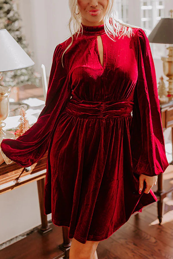Solid Color Velvet Sexy Hollow Waist Long Sleeve Mini Dress