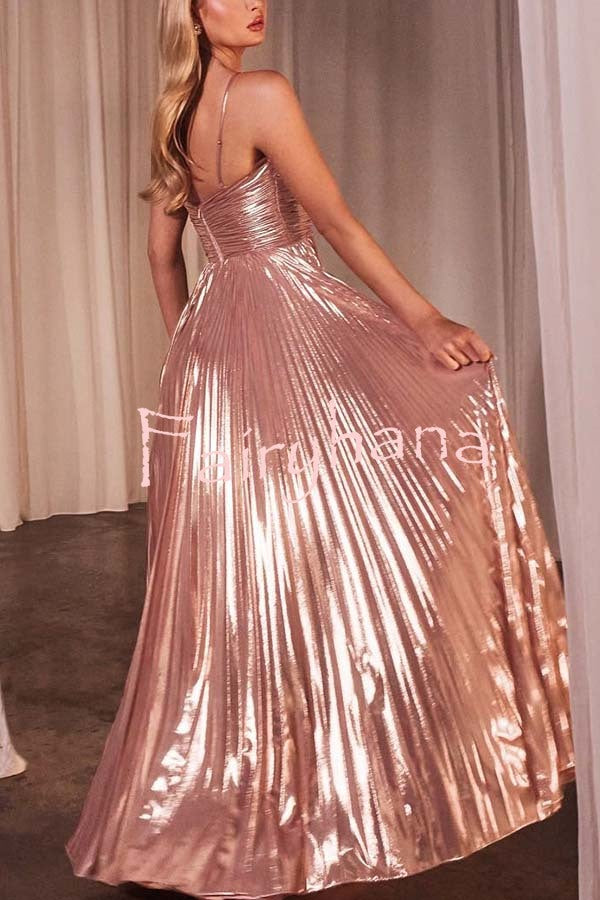 Make A Toast Metallic Fabric Cross Neck Cutout Slit Pleated Maxi Dress