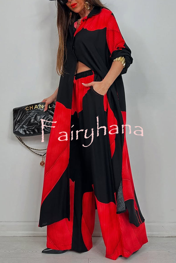Unique Printed Casual Loose Long Shirt and Elastic Waist Pocket Wide Leg Pants Set