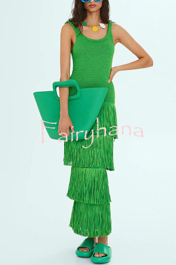 Solid Color Sleeveless Slim Fit Fringed Hem Knitted Midi Dress