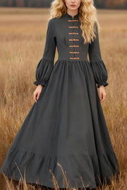 Linen Blend Vintage Long-sleeved Casual Holiday Maxi Dress