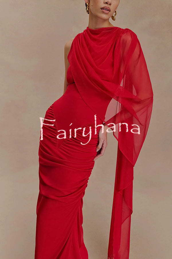 Fashionable Mesh Shawl Sleeveless Slim Fit Pleated Maxi Dress