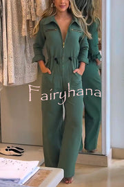 Street Glamour Zipper Stand Collar Drawstring Waist Pocket Loose Jumpsuit