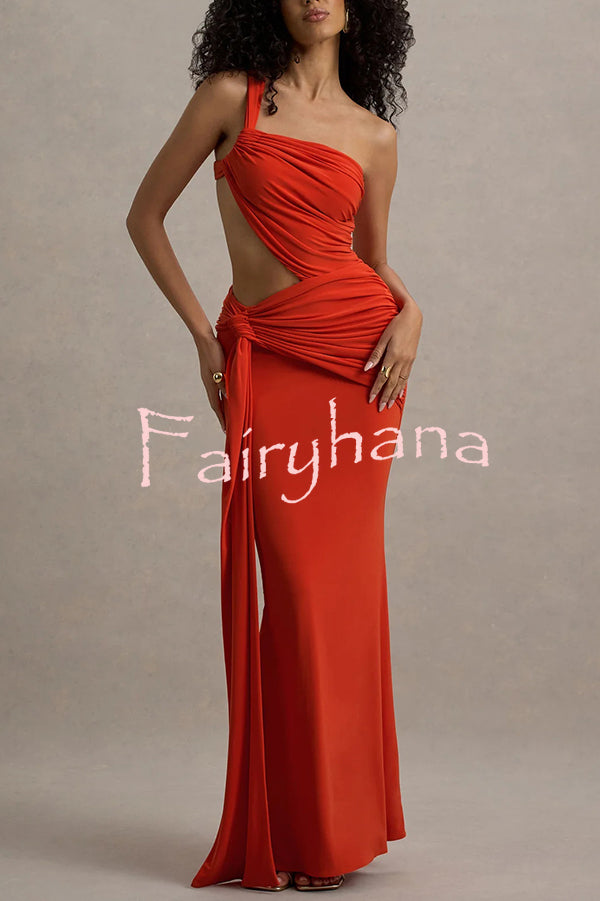 Sexy One-shoulder Backless Ribbon Pleated Slim Maxi Dress