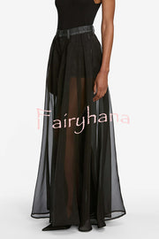Avant-garde Fashion Denim Flowing Organza Patchwork Pocketed Wide Leg Jeans