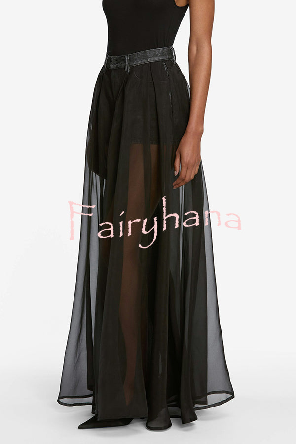 Avant-garde Fashion Denim Flowing Organza Patchwork Pocketed Wide Leg Jeans