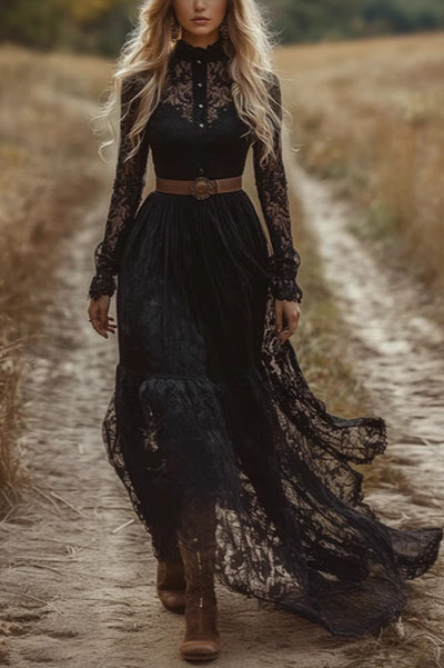 Elegant Hollow Lace Long Sleeve Slim Holiday Maxi Dress