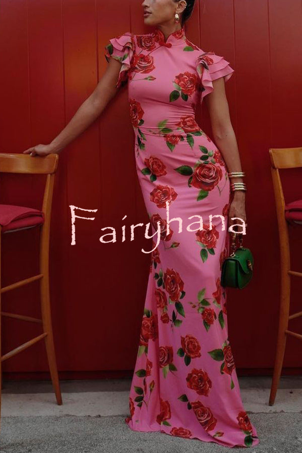 Cheongsam Style Rose Floral Print Tiered Flare Sleeve Stretch Maxi Dress