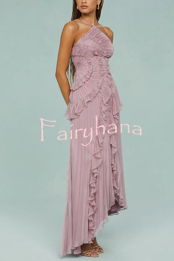 Dream Ode Lily Pad Style Pleats and Ruffles Halter Gown Maxi Dress