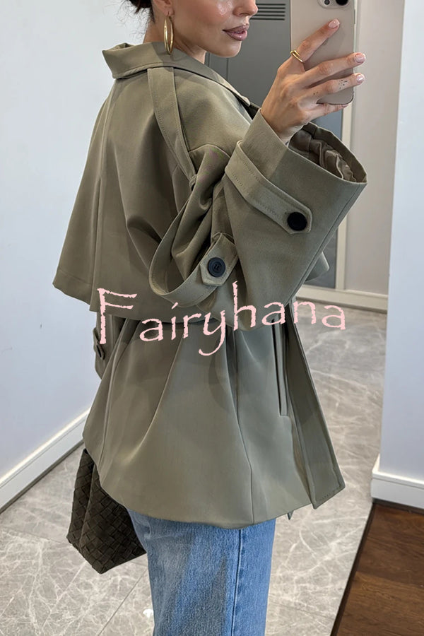 Modern Urban Dropped Shoulder Strap Button Detail Belted Lapel Loose Trench Coat