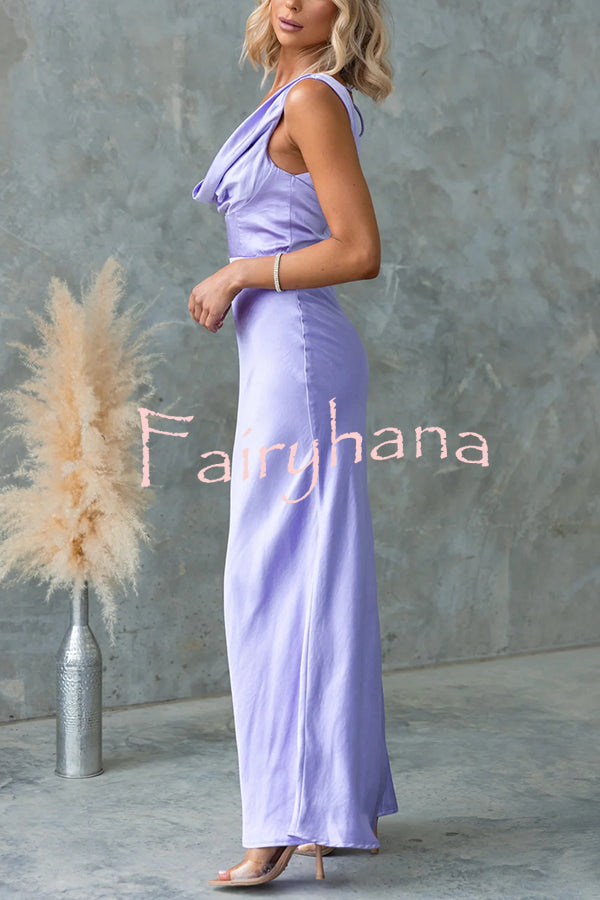 Chic Muse Satin Solid Color Cowl Neck Back Tie-up Maxi Dress