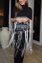 New Level Shiny Tassel Stand Neck Crop Cape Blouse