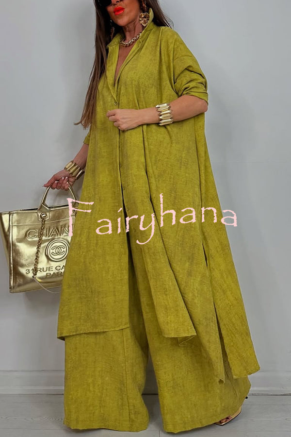 Solid Color Casual Loose Long Shirt and Elastic Waist Pocket Wide Leg Pants Set