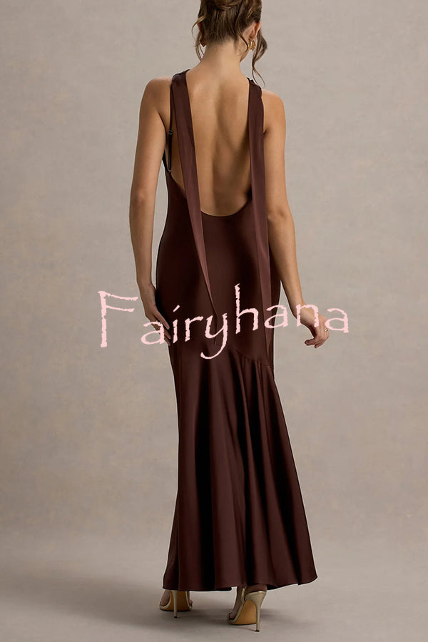Timeless Sophistication Satin Cowl Detail Back Self-tie Halter Neck Maxi Dress