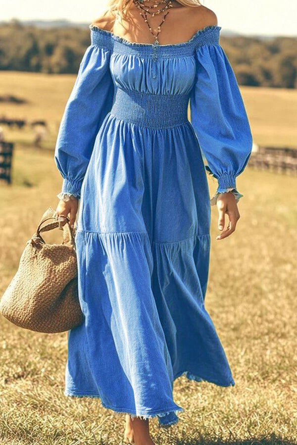 Bohemian Style Off Shoulder Long-sleeved Pleated Waist Maxi Dress