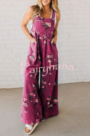 Fashion Floral Print Casual Button Pocket Loose Denim Overalls
