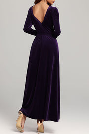 Solid Color Velvet Square Neck Long Sleeve Elegant Maxi Dress