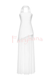 Monaco Off Shoulder Structured Top Chiffon Slit Hem Scarf Maxi Dress