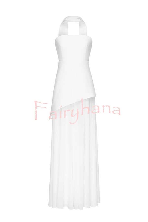 Monaco Off Shoulder Structured Top Chiffon Slit Hem Scarf Maxi Dress