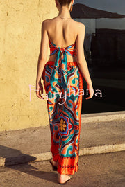 Ethnic Style Unique Print Tube Top and Elastic Waist Casual Pocket Wide Leg Pants Set
