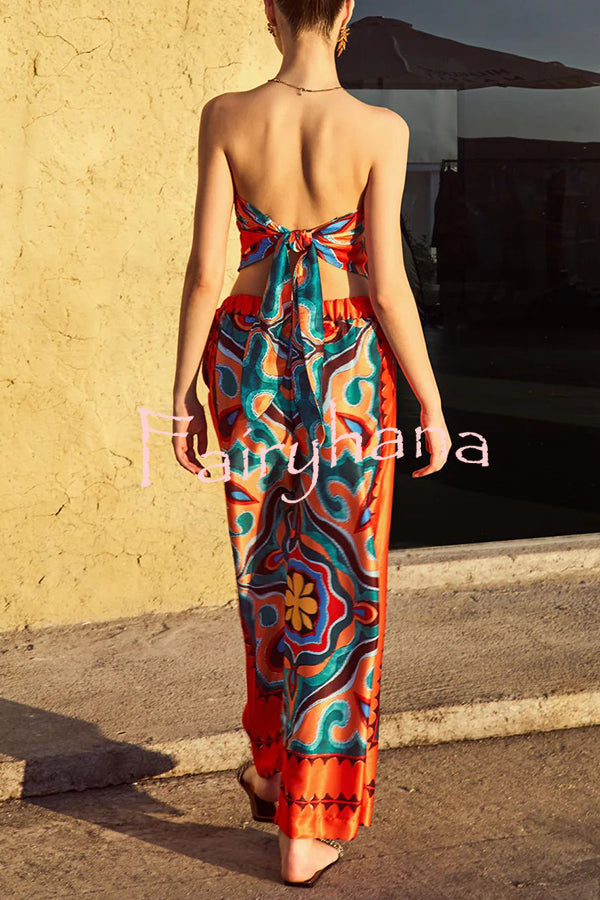Ethnic Style Unique Print Tube Top and Elastic Waist Casual Pocket Wide Leg Pants Set