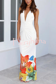Floral Print Sexy Halterneck Open Back Pleated Slim Maxi Dress