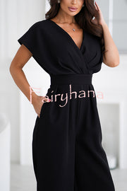 Solid Color V-neck Waist Casual Wide-leg Jumpsuit