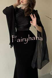 Liora Ruched Organza and Satin Patchwork Design Long Bell Slit Sleeve Maxi Dress