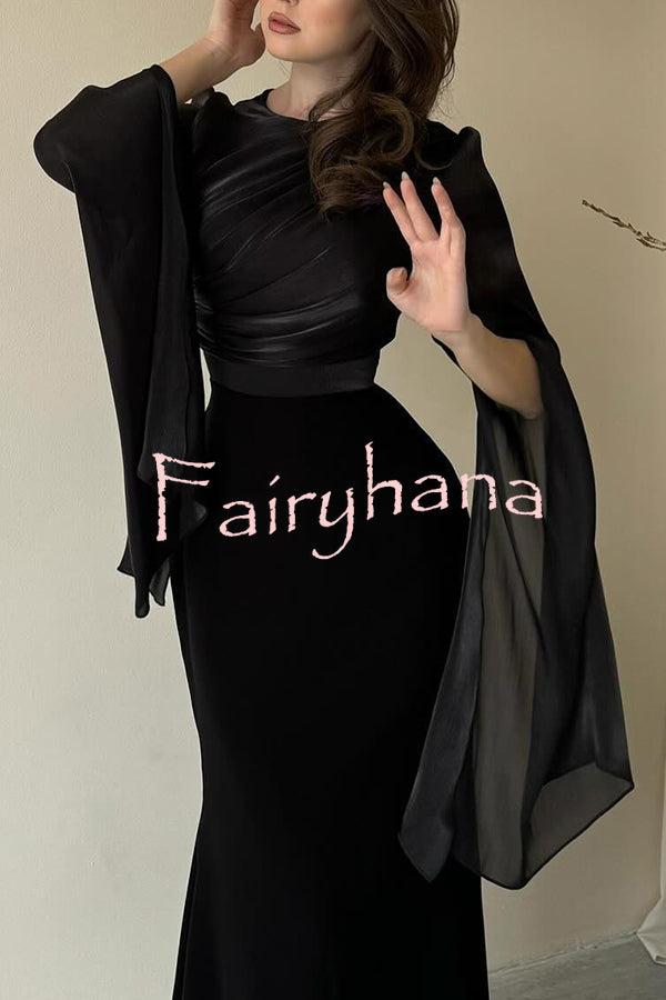 Liora Ruched Organza and Satin Patchwork Design Long Bell Slit Sleeve Maxi Dress