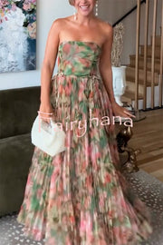 Romantic Factor Pleated Mesh Watercolor Print Bow Detail Strapless Maxi Dress