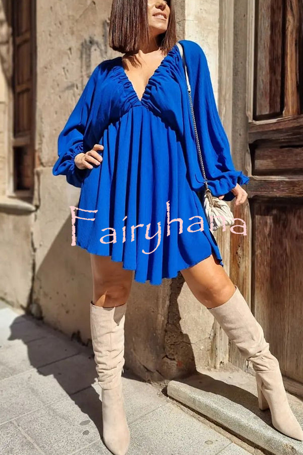 V Neck Puff Sleeve Solid Color Resort Style Mini Dress