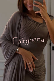 Solid Color Satin Sleeveless Waist Elegant Pleated Ribbon Maxi Dress