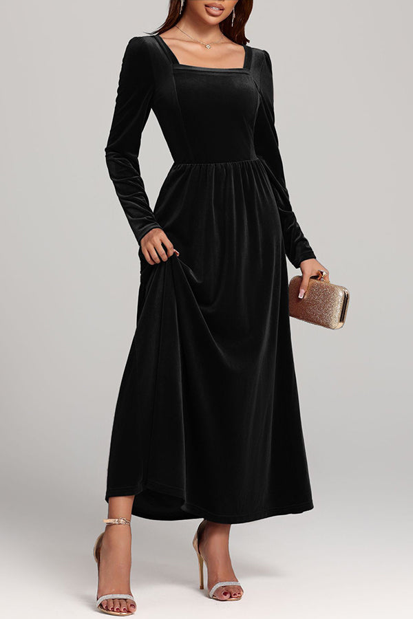 Solid Color Velvet Square Neck Long Sleeve Elegant Maxi Dress